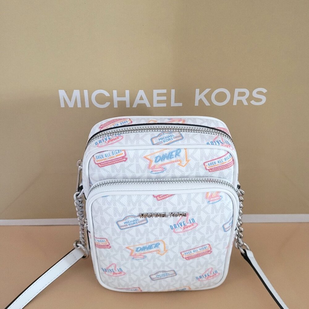 Michael Kors Jet Set Travel Medium NS Chain Crossbody Handbag Optic White Diner